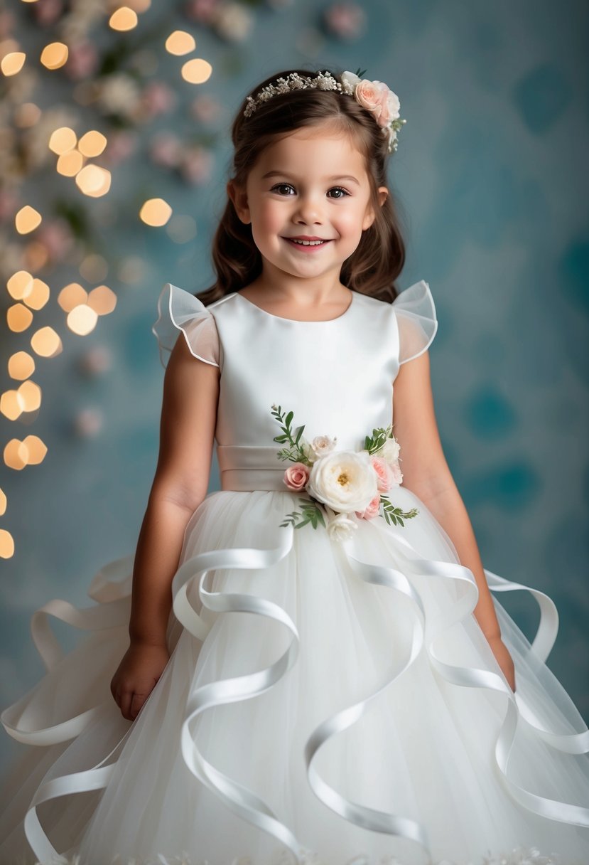 A 5-year-old girl in a modern twist toddler wedding dress, with playful and elegant elements, such as ruffles, bows, and floral accents