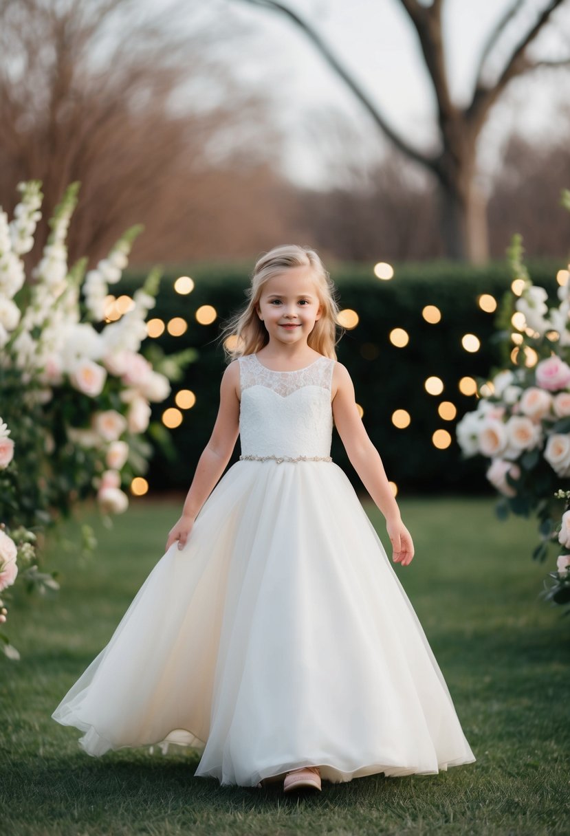 A young girl twirls in a simple, elegant wedding dress with a straight silhouette and delicate lace details, surrounded by blooming flowers and twinkling lights