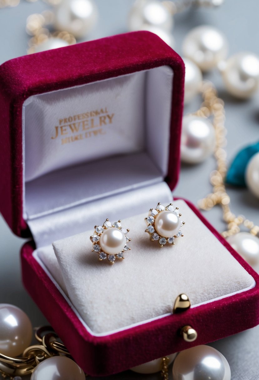 A pair of delicate pearl and diamond stud earrings on a velvet jewelry box