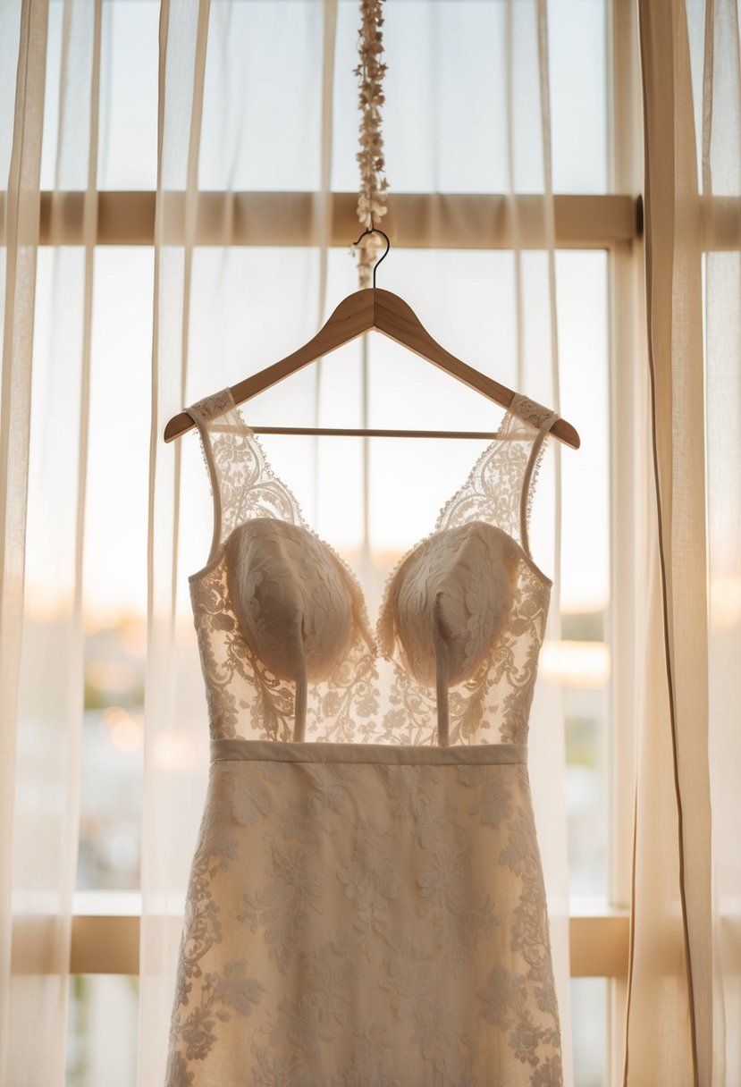 A delicate lace wedding dress hanging on a vintage wooden hanger, surrounded by soft natural light filtering through a sheer curtain