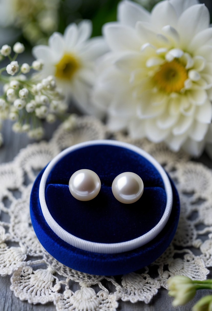 A pair of classic pearl studs resting on a velvet cushion, surrounded by delicate lace and flowers