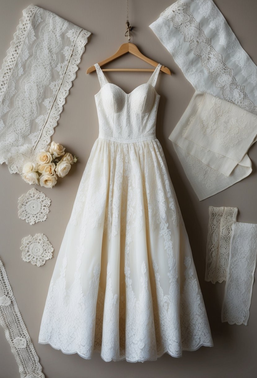 A vintage-inspired lace gown hangs on a dress form, surrounded by delicate lace swatches and vintage lace trims