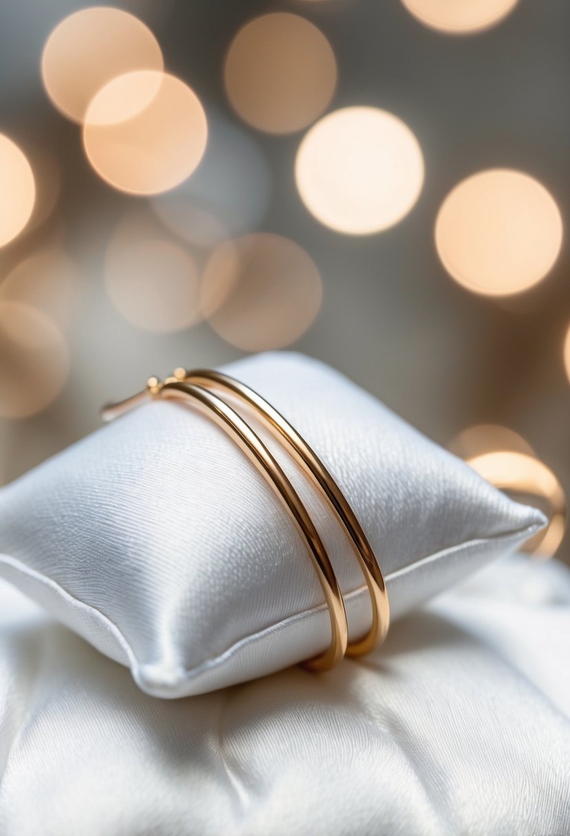 A pair of simple gold hoop earrings resting on a white silk cushion