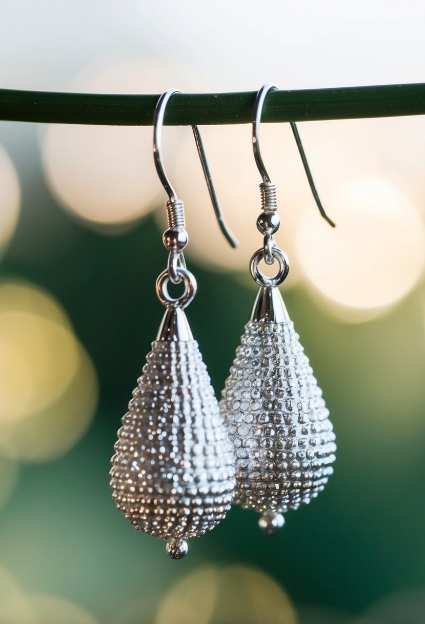 Glistening silver droplets dangle from a delicate earring hook, catching the light in a simple and sophisticated design