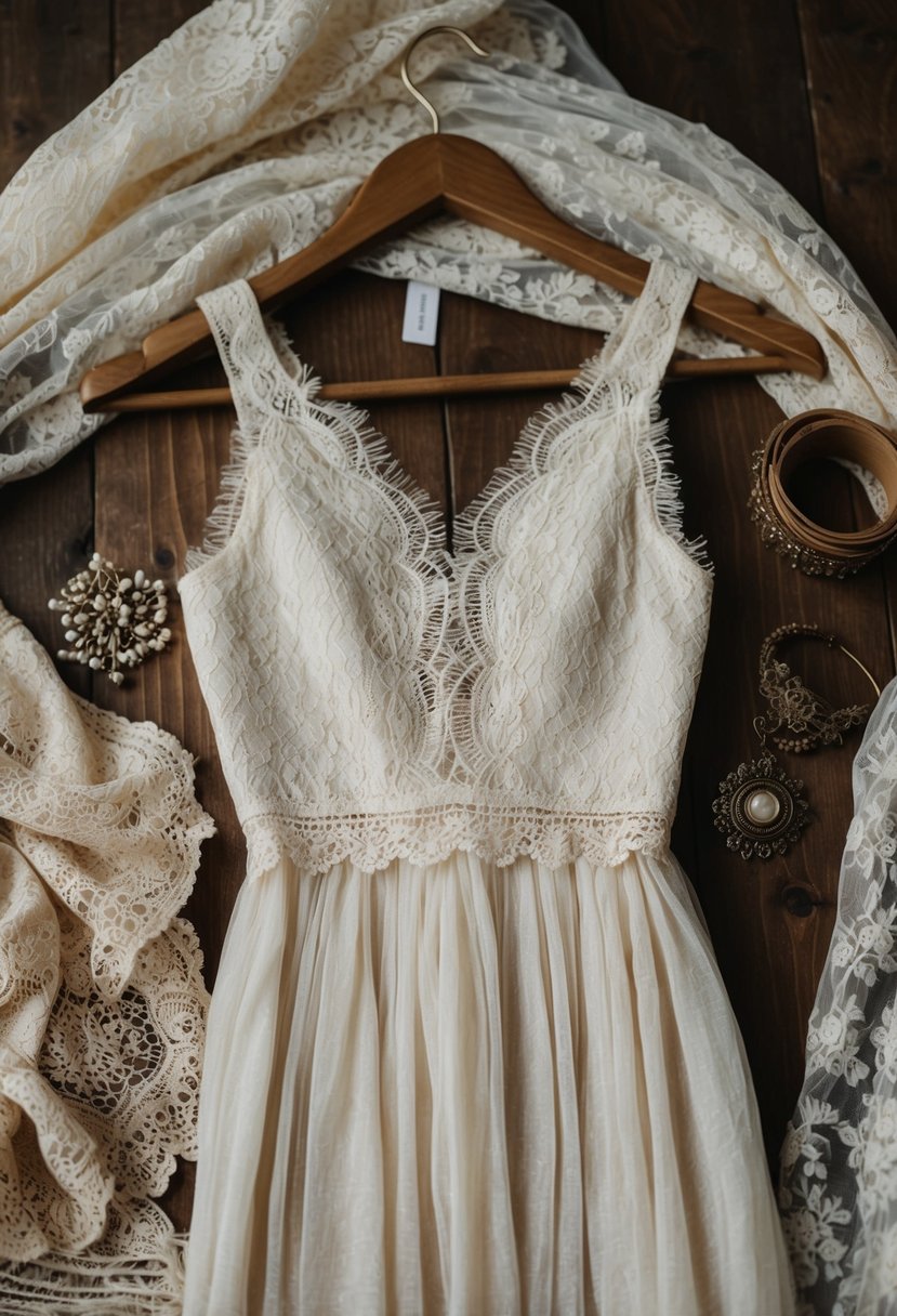 A bohemian lace dress hangs on a rustic wooden hanger, surrounded by delicate lace fabric and vintage accessories