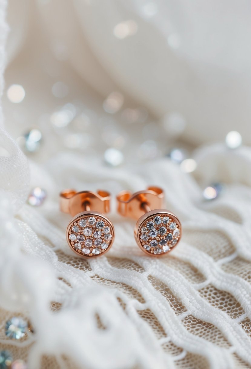 A delicate pair of rose gold studs resting on a soft, white lace fabric, surrounded by tiny, shimmering crystals