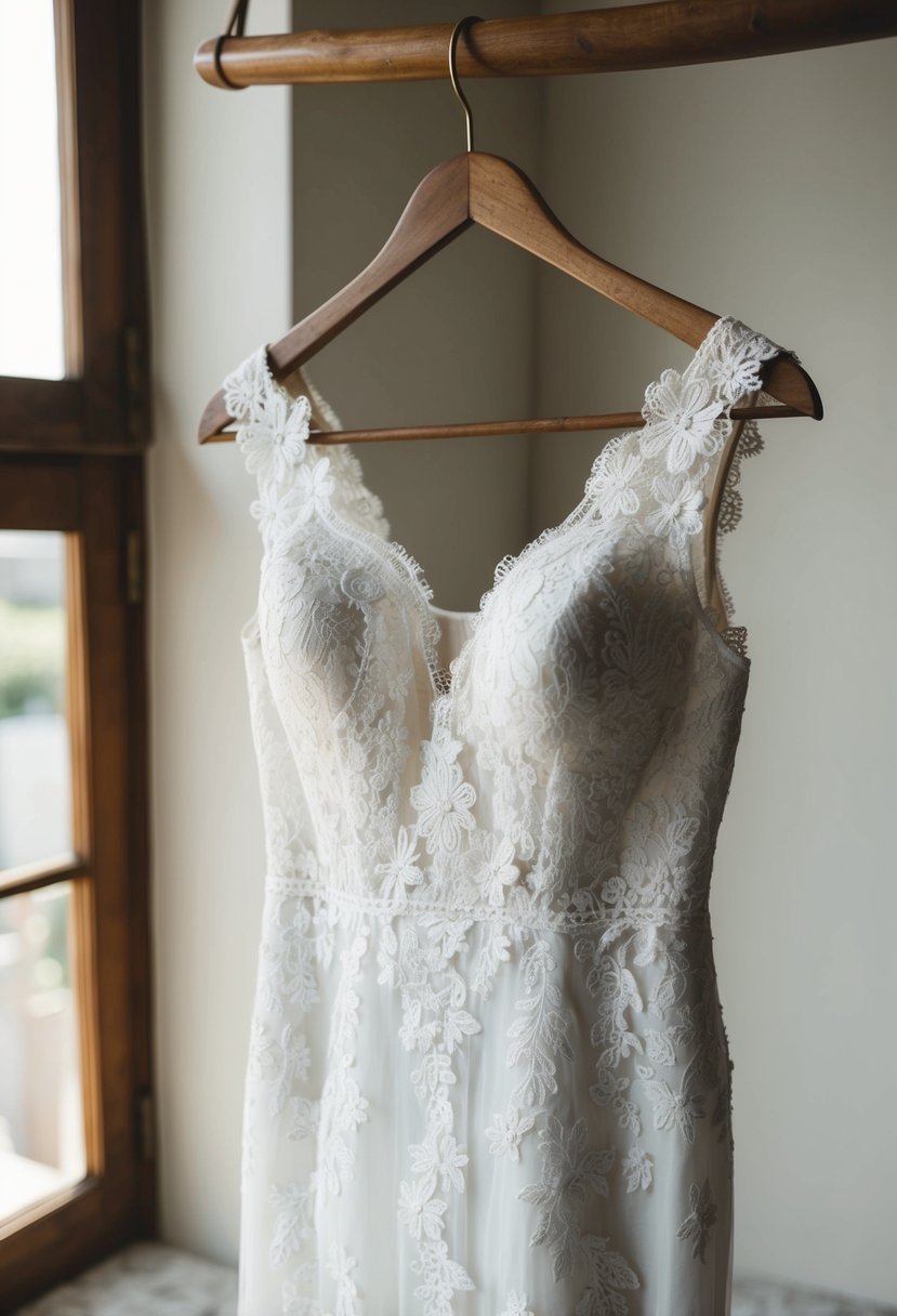 A lace wedding dress adorned with delicate floral appliqués hangs on a vintage wooden hanger, illuminated by soft natural light