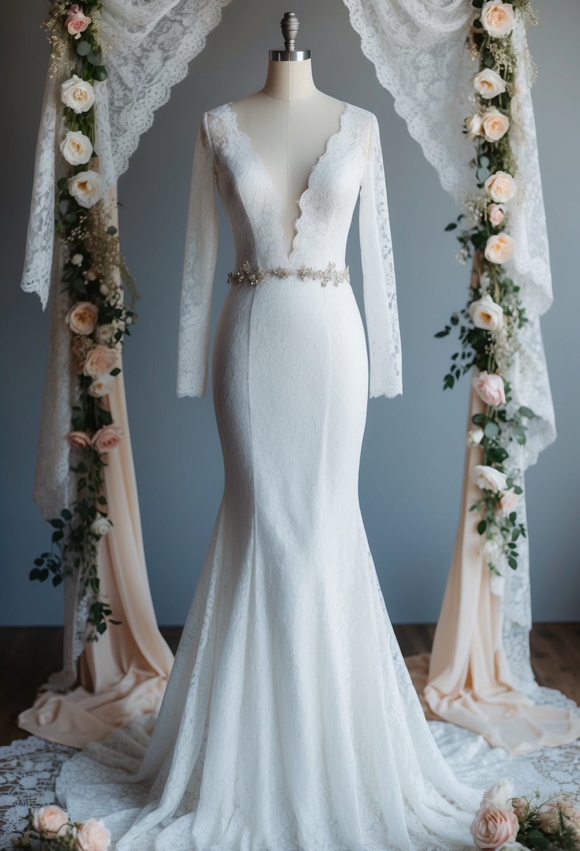 A long-sleeve lace mermaid dress draped over a mannequin, surrounded by delicate lace fabric and floral embellishments