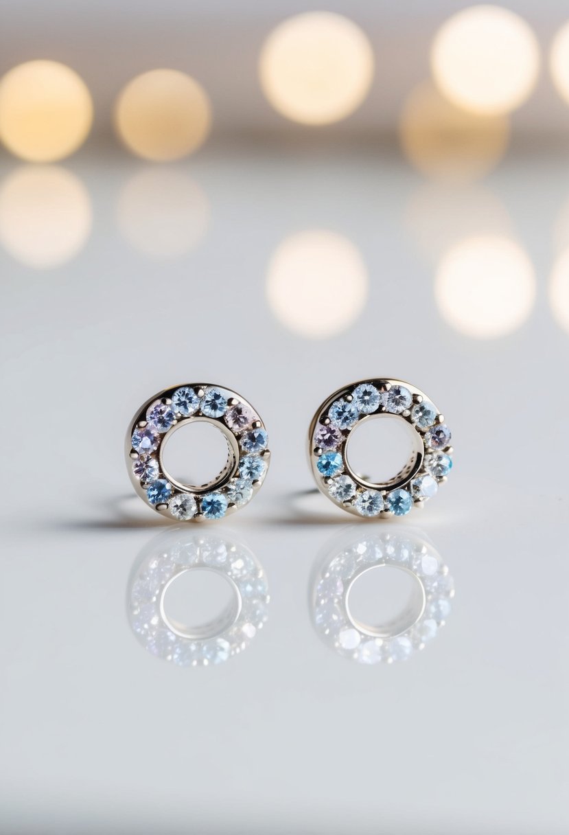 A pair of small, sparkling crystal huggie earrings on a clean, white background