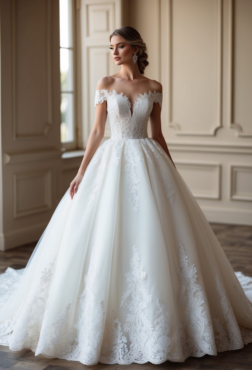 A lace ball gown wedding dress with off-the-shoulder neckline, featuring intricate lace details and a flowing, elegant silhouette