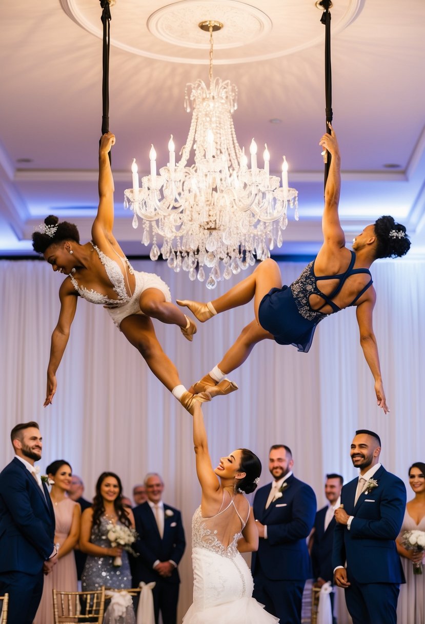 Aerialist performers suspended from a chandelier, gracefully twirling and contorting in mid-air, captivating the wedding guests with their stunning acrobatics