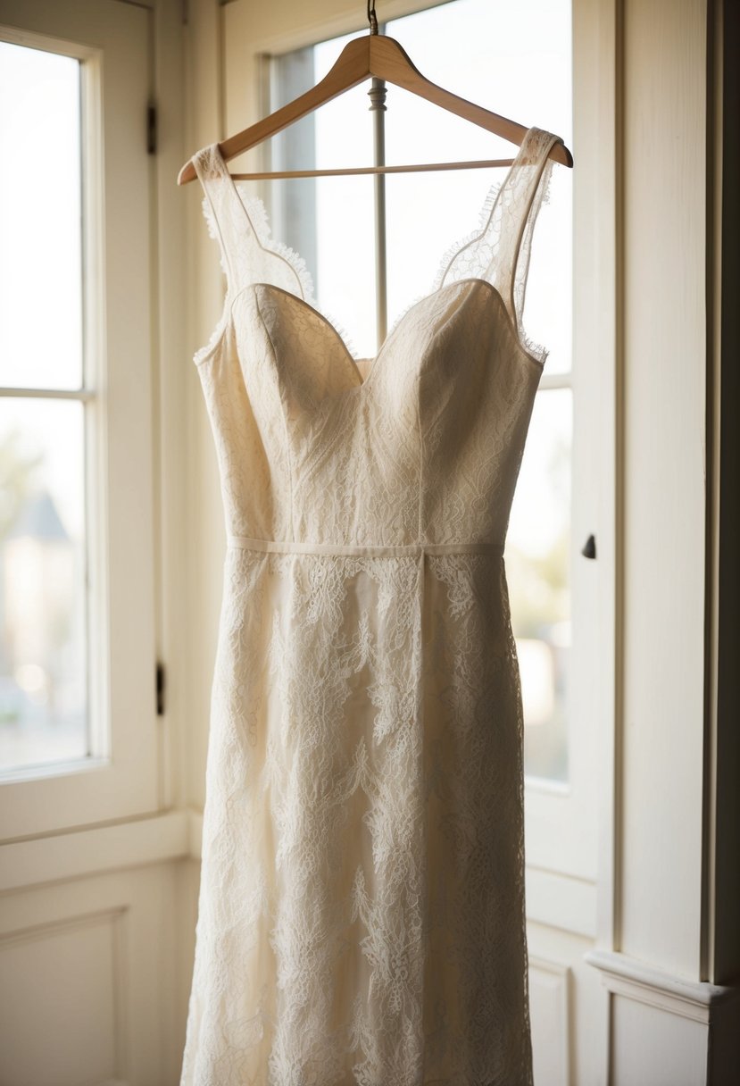 A delicate lace sheath dress with scalloped edges hangs on a vintage dress form, bathed in soft, natural light