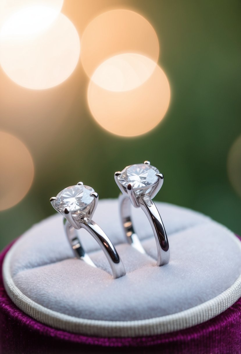 Two delicate diamond solitaire earrings resting on a velvet cushion, with soft natural light illuminating their sparkle