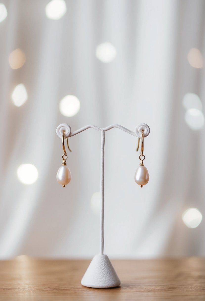 A white silk background with delicate pearl drop earrings hanging from a small display stand