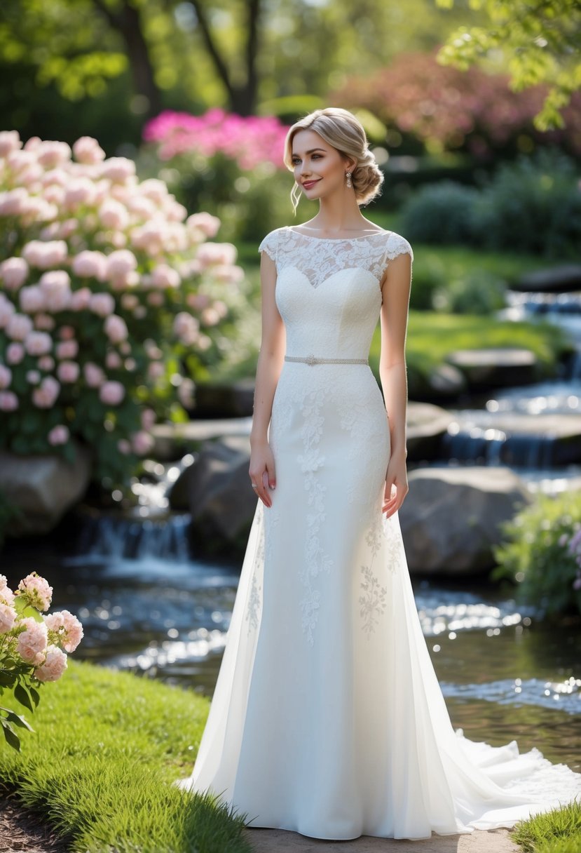 A serene outdoor setting with a blooming garden and a flowing stream, showcasing a delicate cap sleeve lace A-line wedding dress