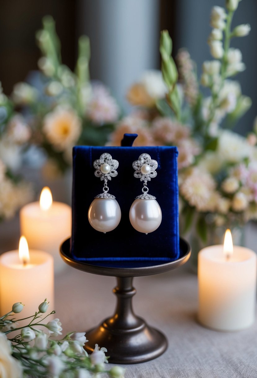 A pair of elegant Baroque pearl earrings displayed on a velvet cushion, surrounded by soft candlelight and delicate floral arrangements