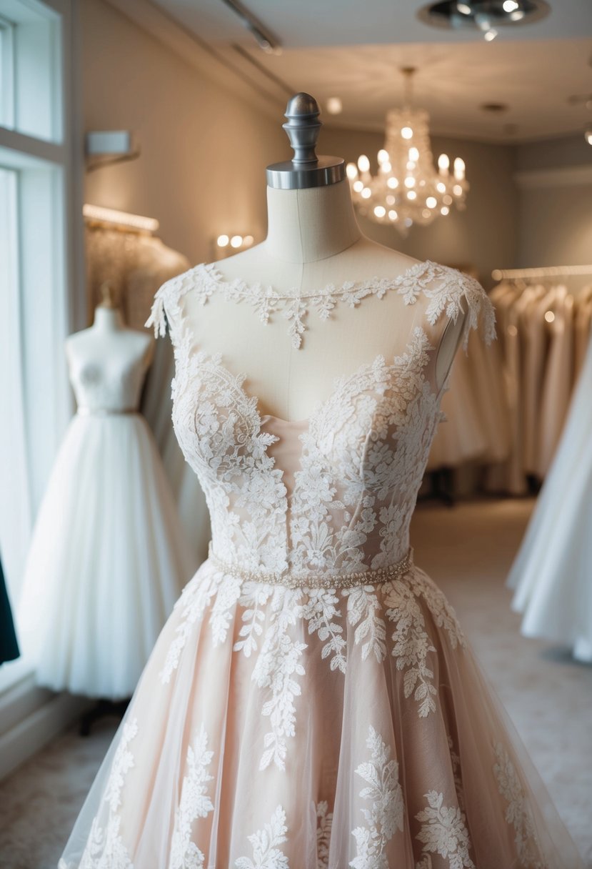 A lace gown with an illusion neckline, embellished with delicate lace details, flowing gracefully on a mannequin in a softly lit bridal boutique