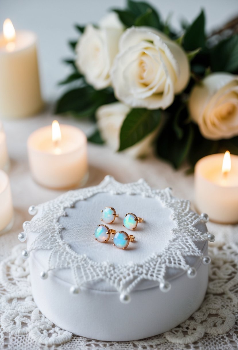 Delicate opal studs on a white lace fabric, surrounded by soft candlelight and a bouquet of white roses