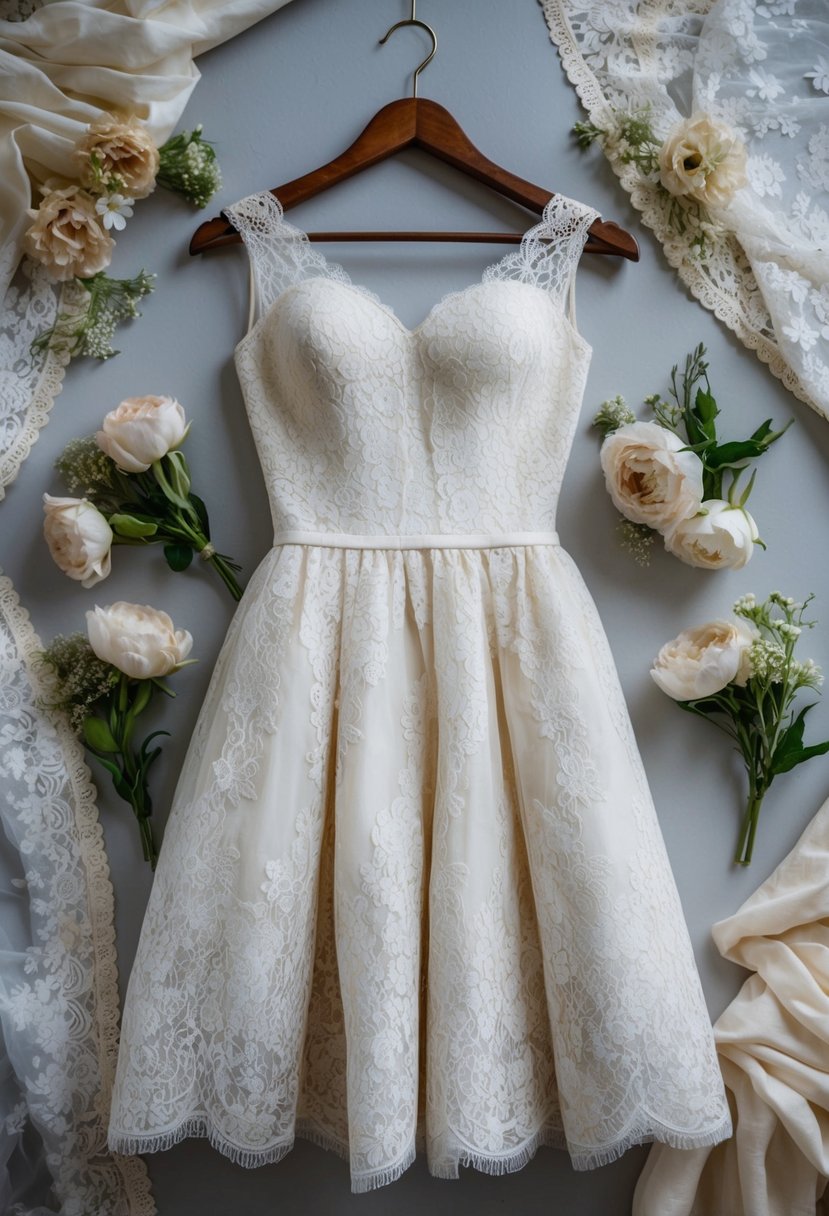 A lace trumpet dress hanging on a vintage wooden hanger, surrounded by delicate lace fabric and floral embellishments