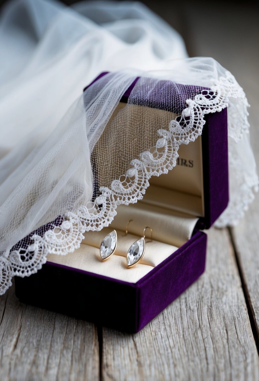 A white lace bridal veil drapes over a velvet jewelry box, revealing delicate marquise stud earrings nestled on a satin cushion