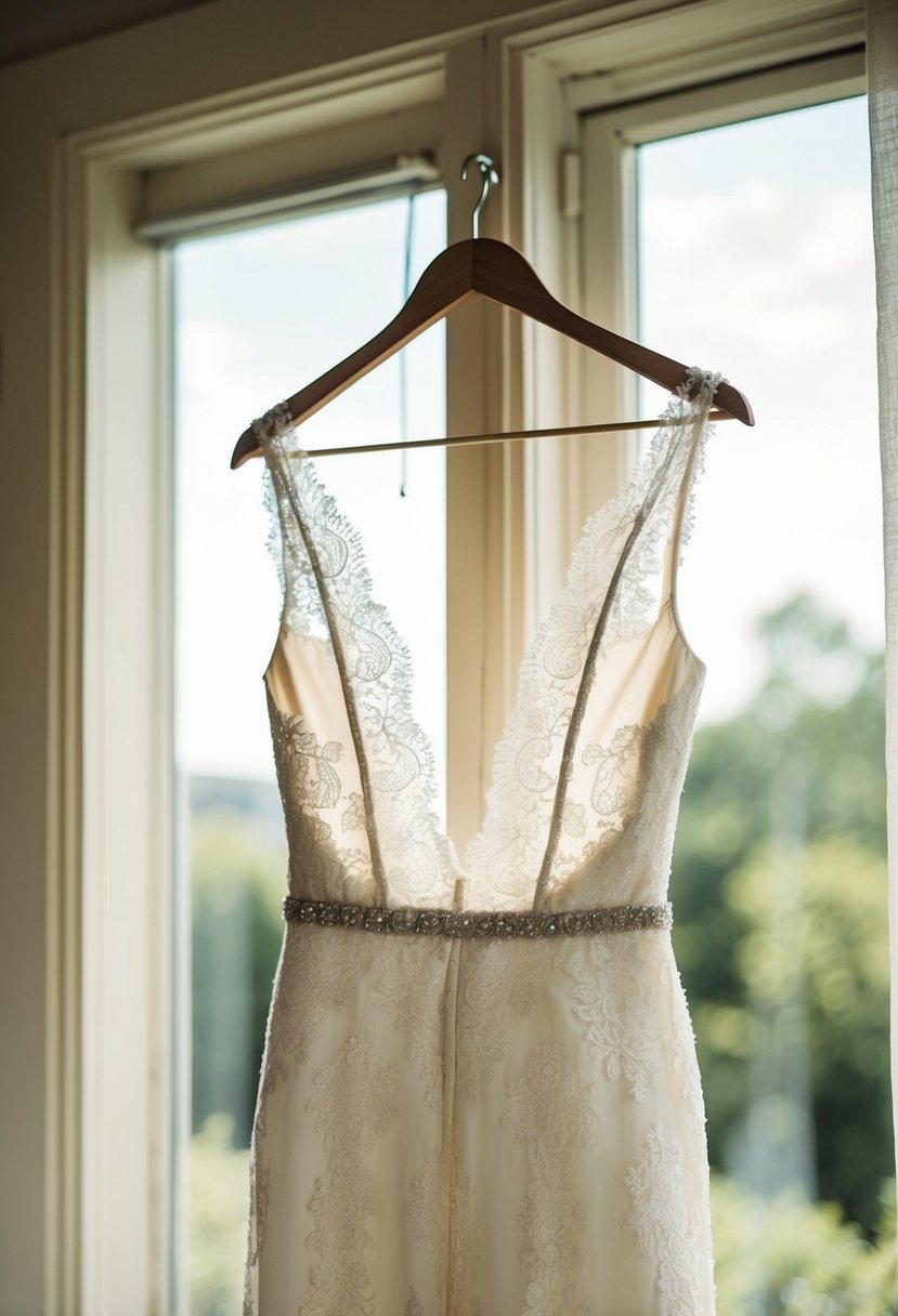 A delicate backless lace wedding dress hangs on a vintage wooden hanger, with soft natural light streaming through a nearby window