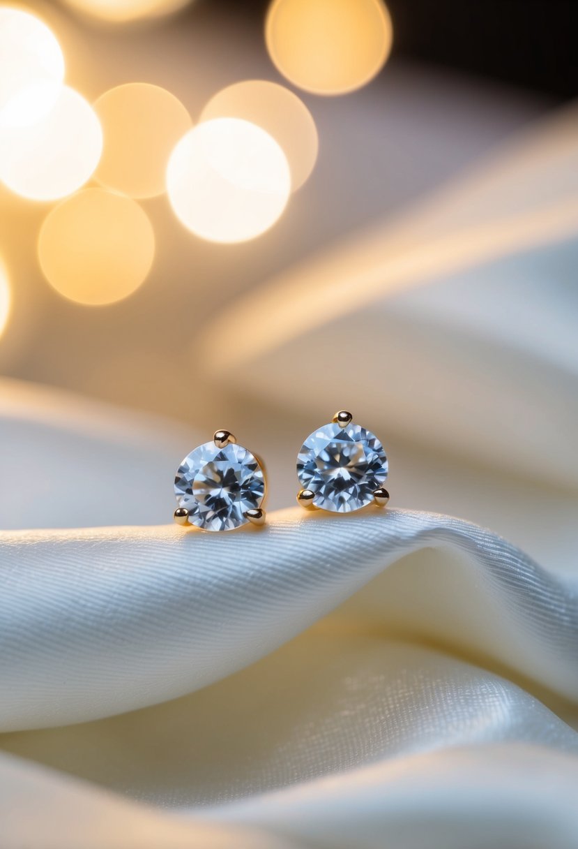 Two delicate white sapphire studs resting on a bed of soft white silk, illuminated by a warm, gentle light