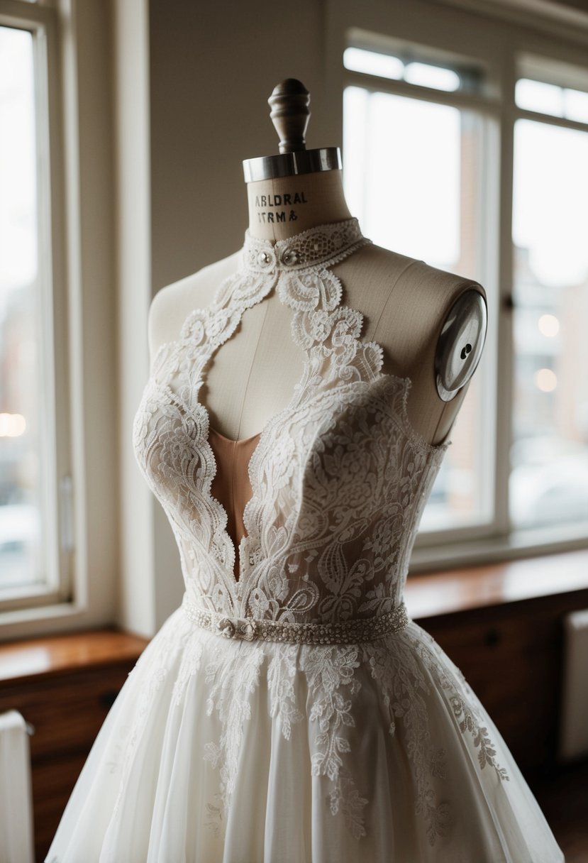 A high-neck lace bridal gown draped over a vintage dress form