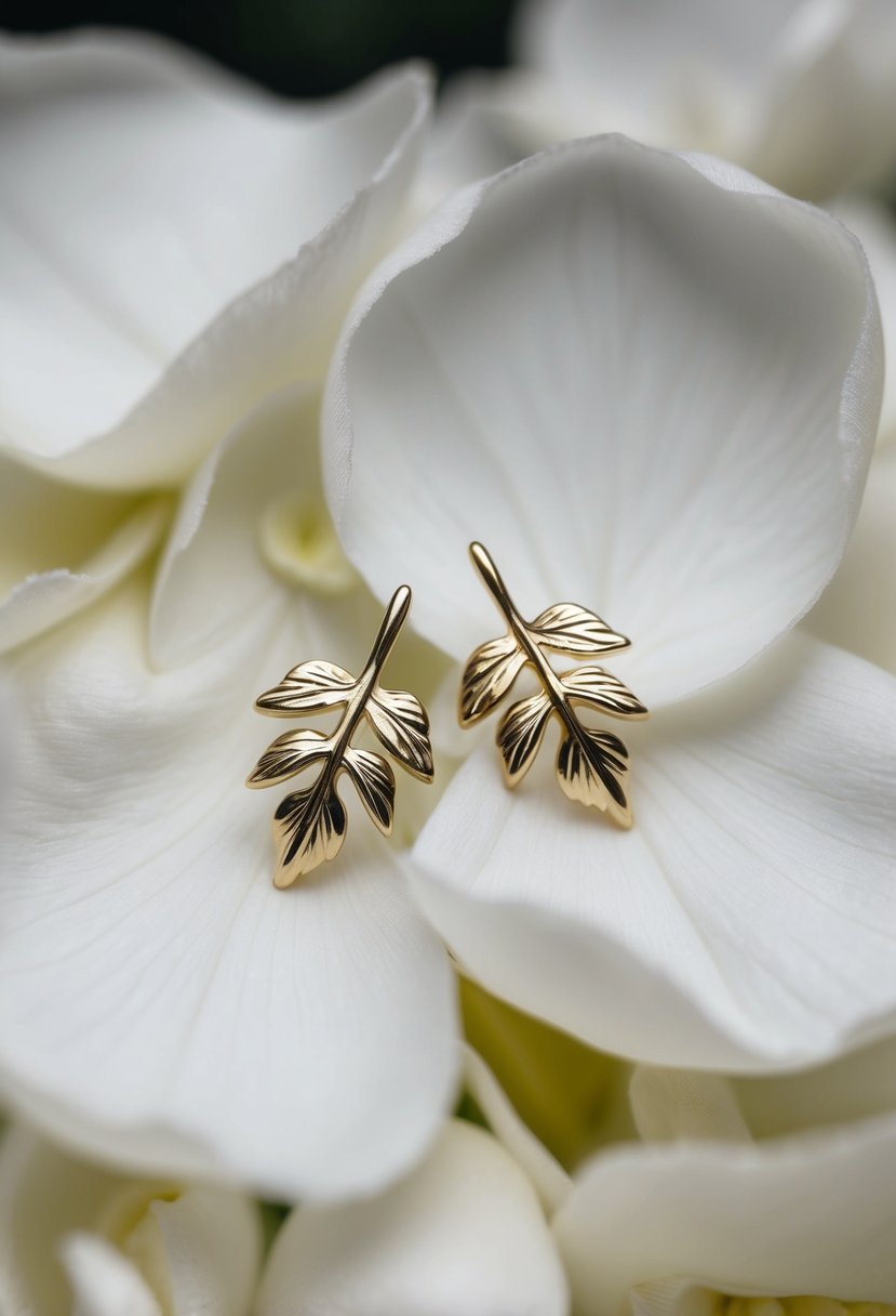 Two delicate leaf-shaped studs resting on a bed of soft, white silk petals