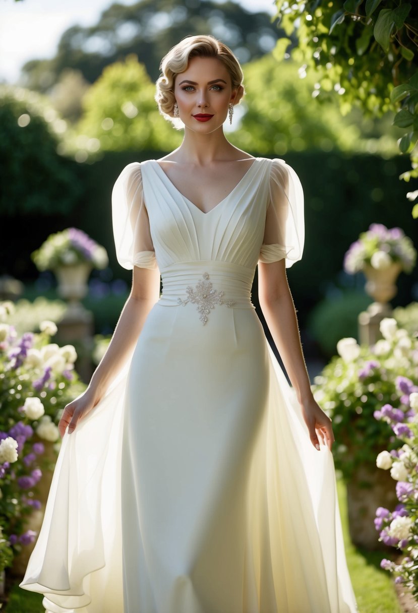 A bride in a 1930s-inspired wedding dress, with a fitted bodice, puffed sleeves, and a flowing skirt, standing in a vintage garden setting