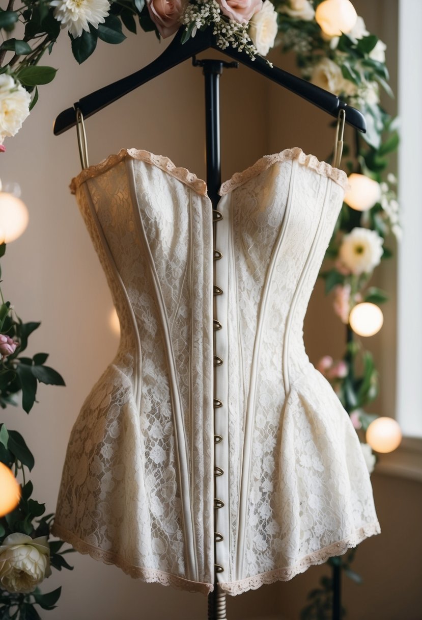 A delicate lace corset dress hangs on a vintage dress form, surrounded by soft lighting and floral accents