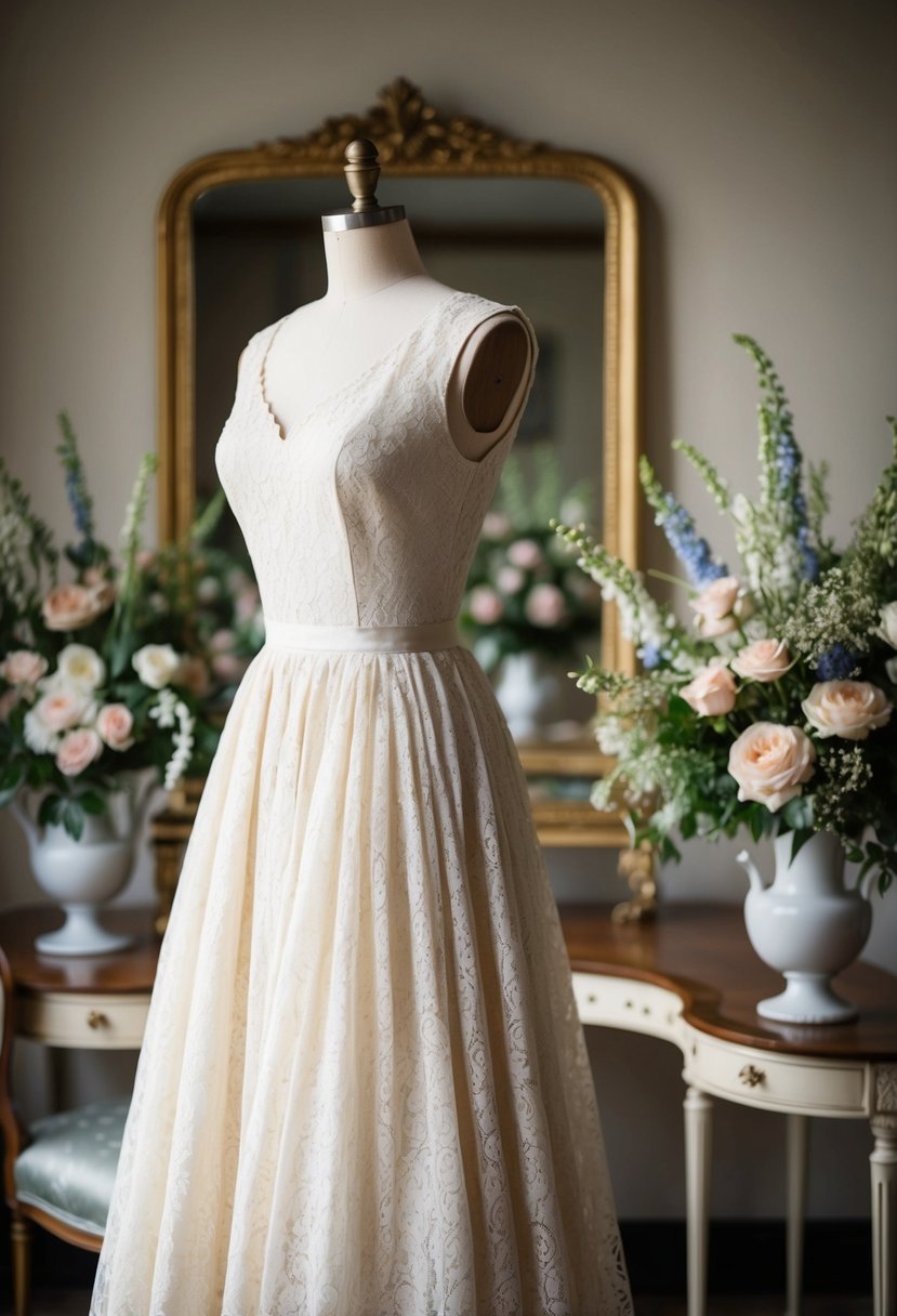 A vintage lace A-line dress hangs on a mannequin, surrounded by antique furniture and delicate floral arrangements