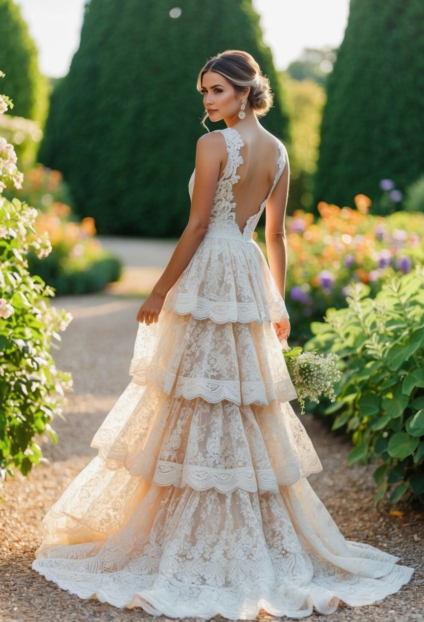 A flowing tiered lace skirt gown in a garden setting