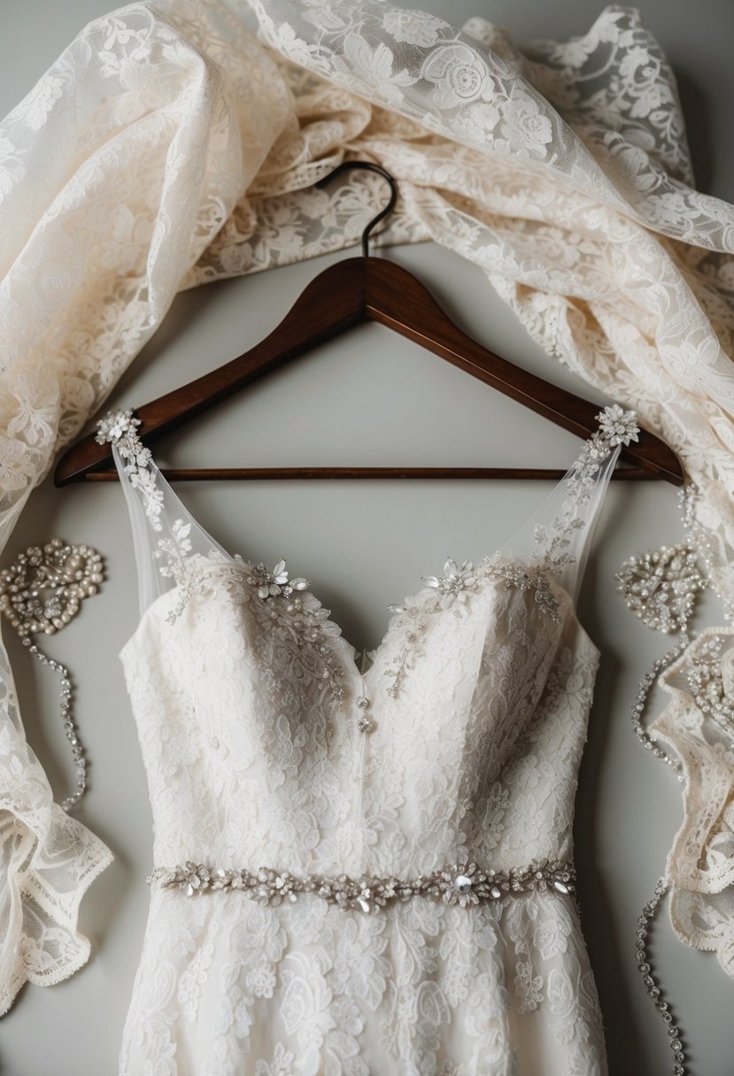 A lace wedding dress with crystal embellishments hangs on a vintage wooden hanger, surrounded by delicate lace fabric and sparkling beads