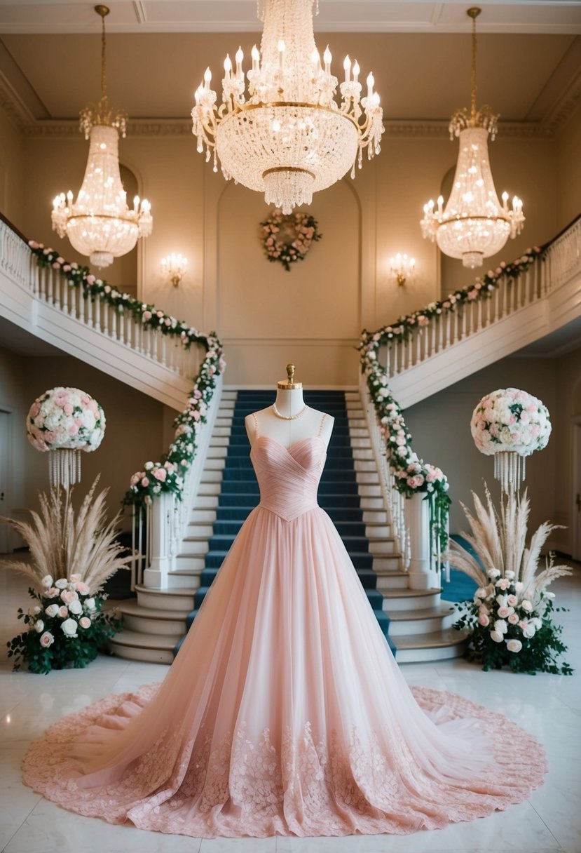 A grand ballroom with chandeliers, a sweeping staircase, and elegant floral arrangements. A mannequin wearing a 1930s blush pink ballgown stands in the center, surrounded by vintage lace and pearls