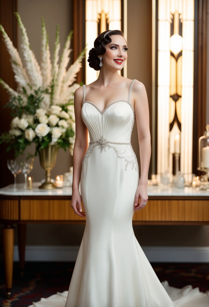 A bride wearing a 1930s sweetheart neckline mermaid dress, standing in a vintage-inspired wedding setting with art deco details