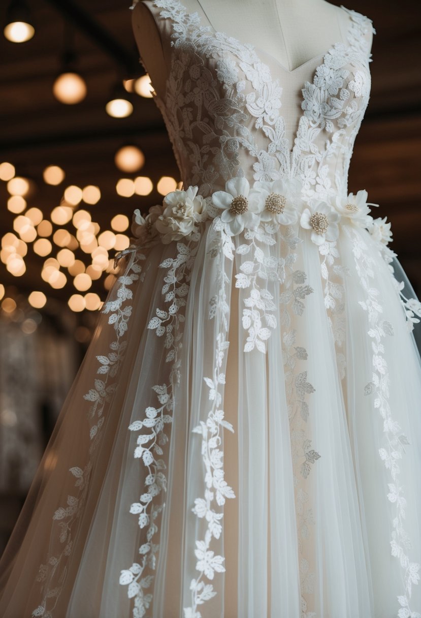 A delicate floral lace and tulle wedding dress cascading down a mannequin