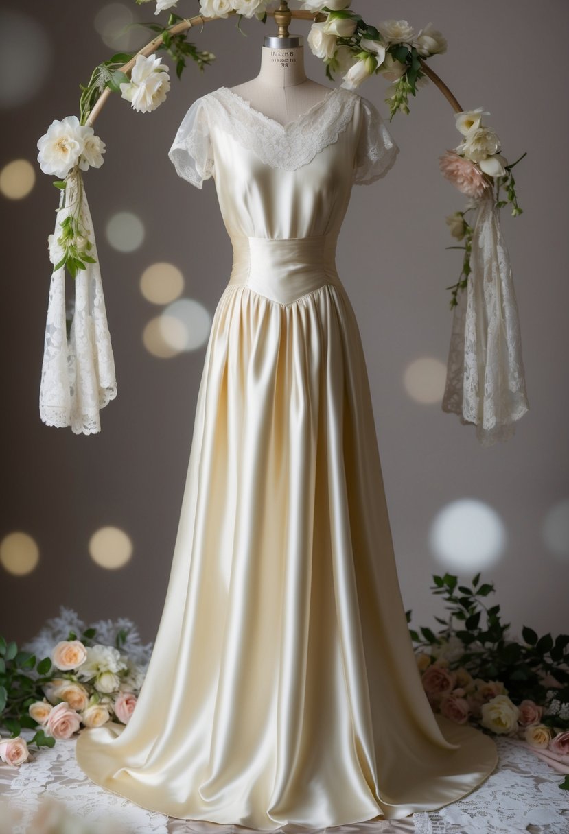 A 1930s drop-waist satin gown hangs on a vintage mannequin, surrounded by delicate lace and silk flowers