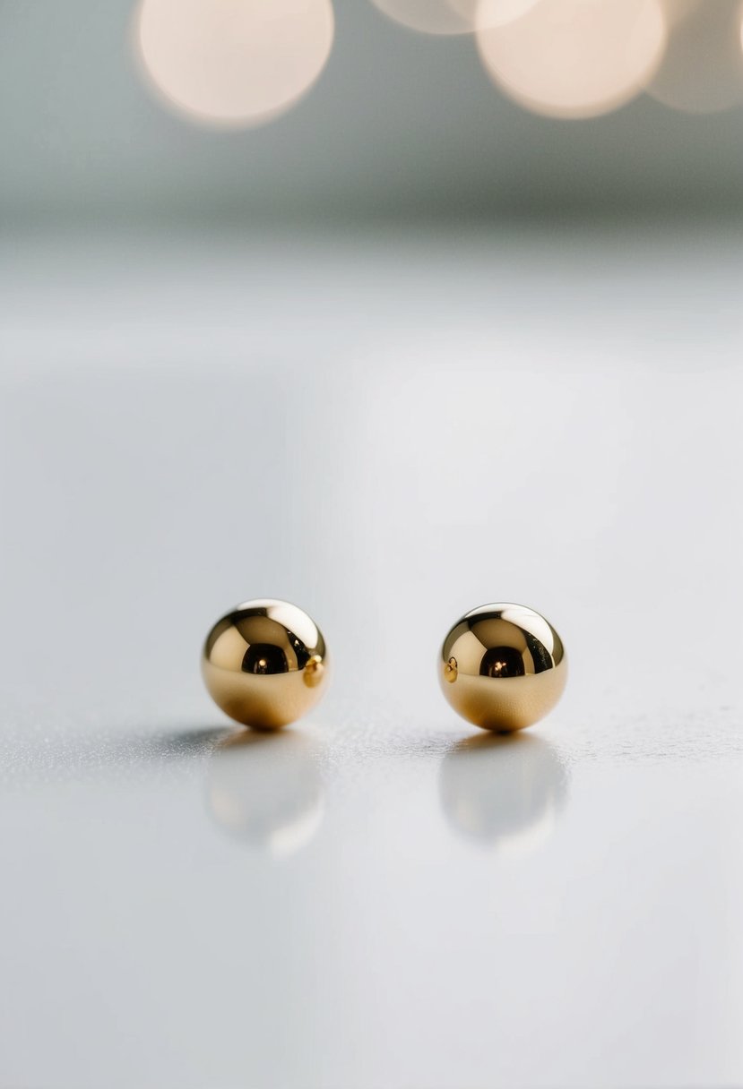 Two delicate gold ball studs on a clean, white surface