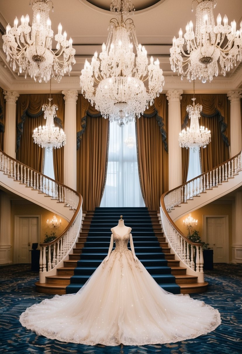 A grand ballroom with crystal chandeliers, opulent drapery, and a sweeping staircase. A 1930s-inspired fairytale ballgown displayed on a mannequin in the center