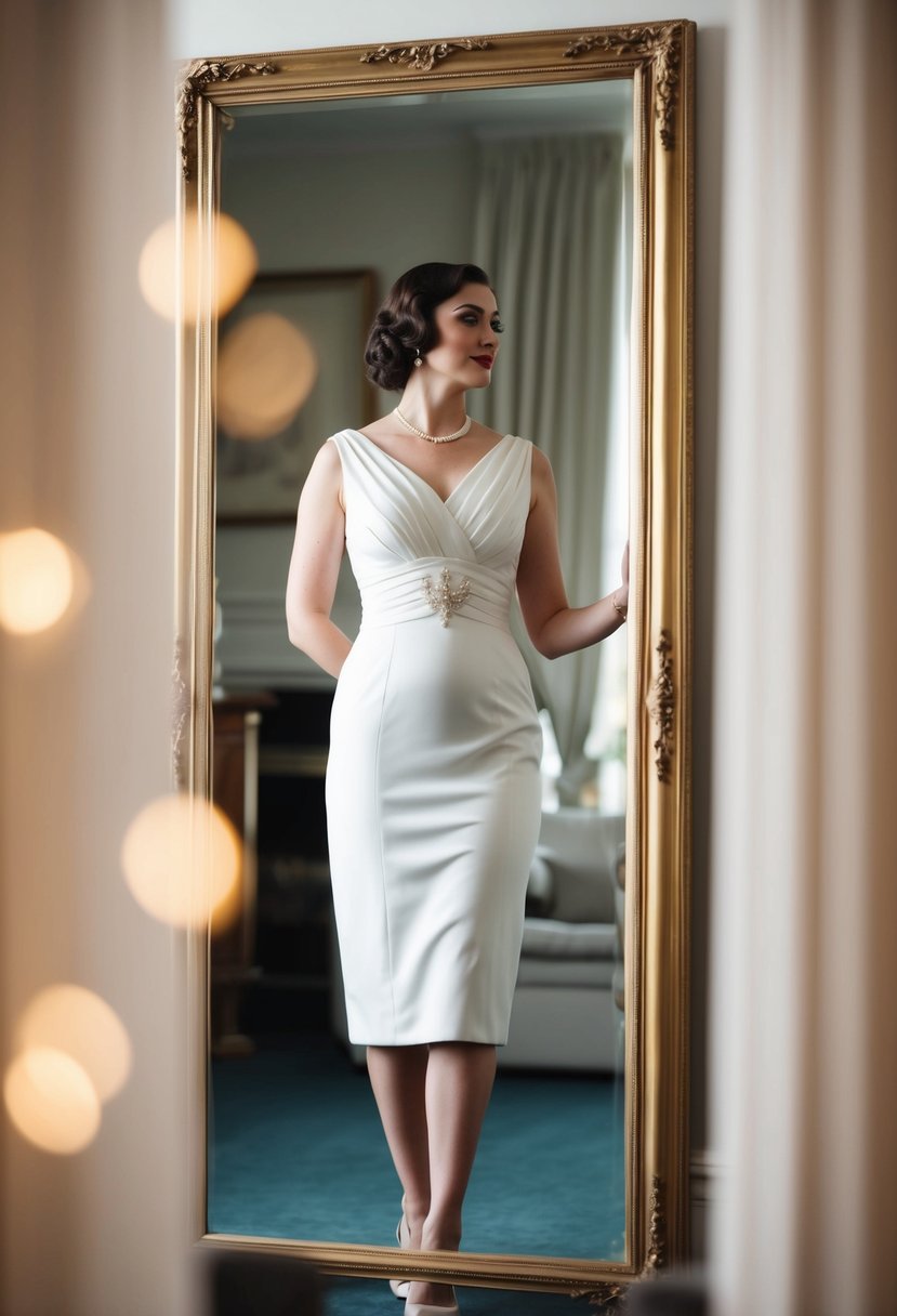 A woman in a sleek knee-length 1930s wedding dress stands in front of a vintage mirror, admiring her reflection