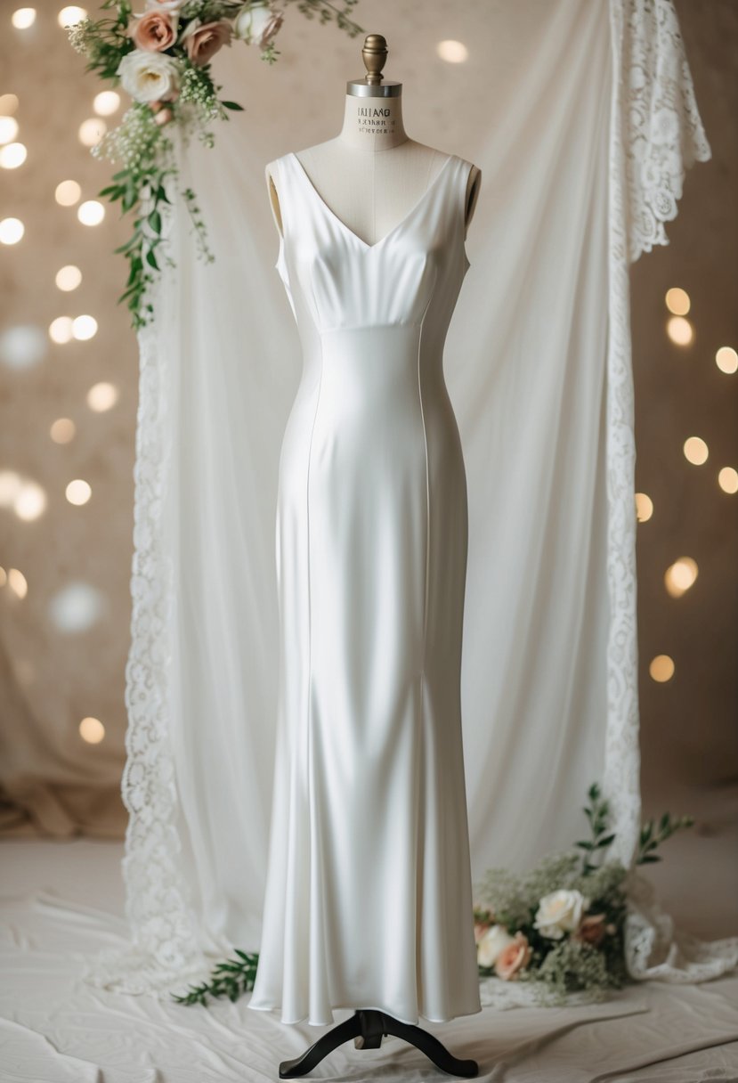 A simple, sleek silk sheath wedding dress from the 1930s, with clean lines and minimal embellishments, set against a backdrop of vintage lace and delicate floral accents