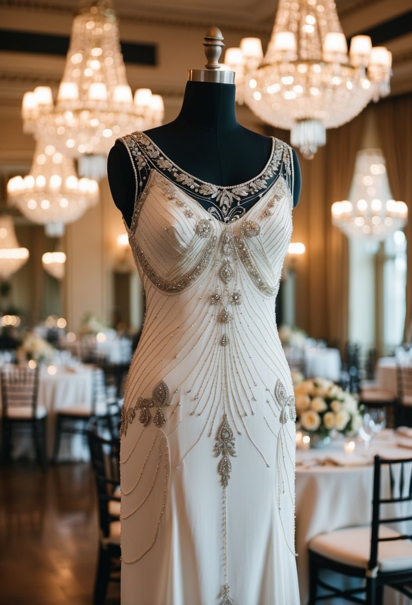 A 1930s wedding dress with intricate beading and art deco details, set against a backdrop of a glamorous ballroom with chandeliers and vintage decor