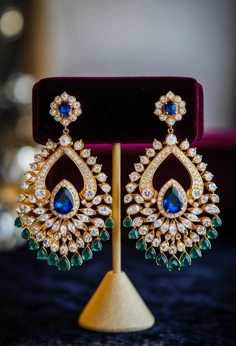 Extravagant gold and gemstone earrings displayed on a velvet cushion