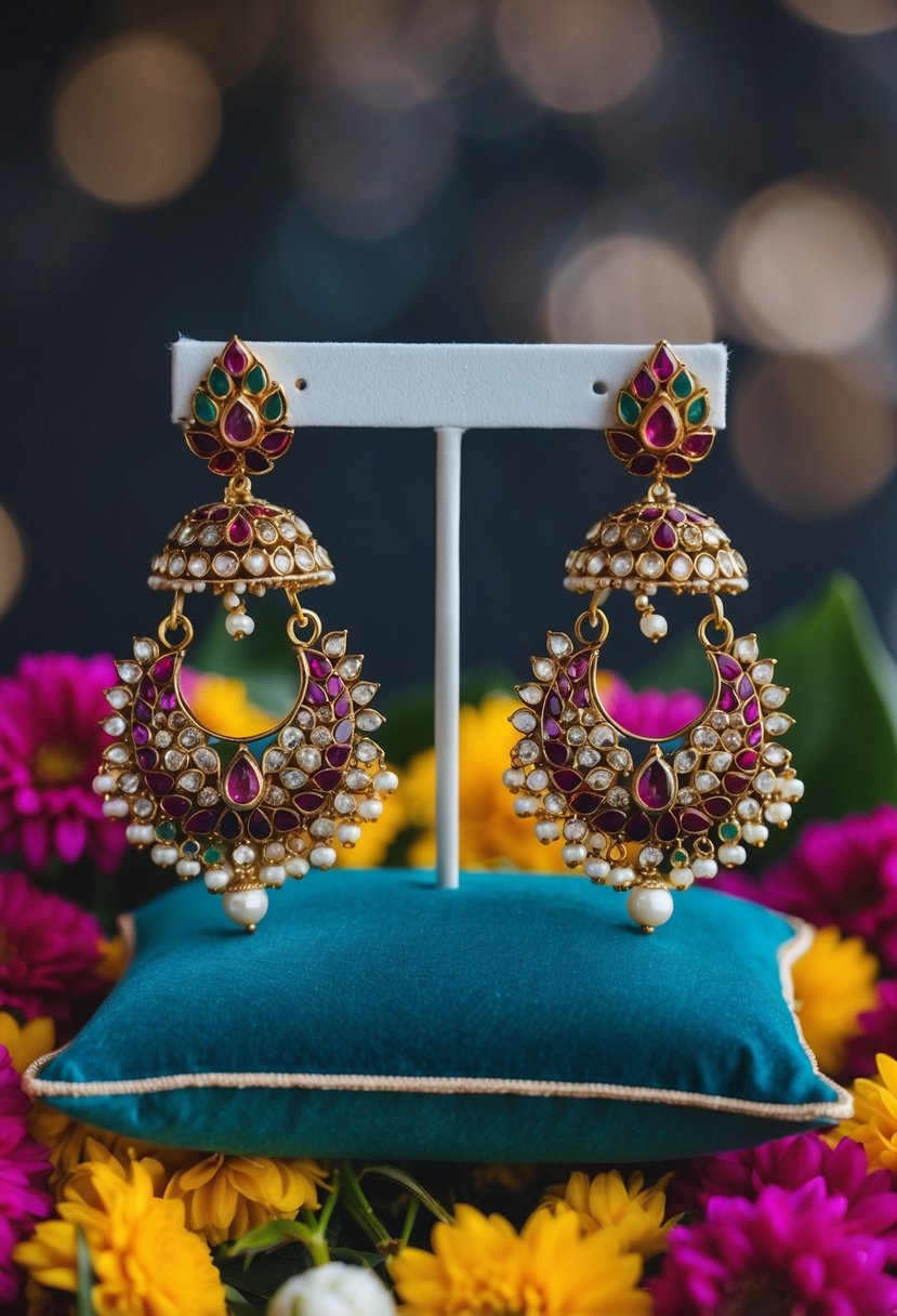 A pair of ornate Kundan Chandbali earrings displayed on a velvet cushion, surrounded by vibrant floral decorations