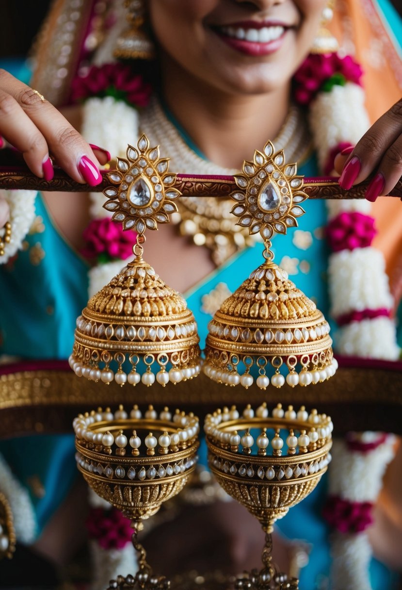 A pair of intricate gold jhumkas adorned with delicate pearls, reflecting the vibrant colors and intricate patterns of an Indian wedding celebration