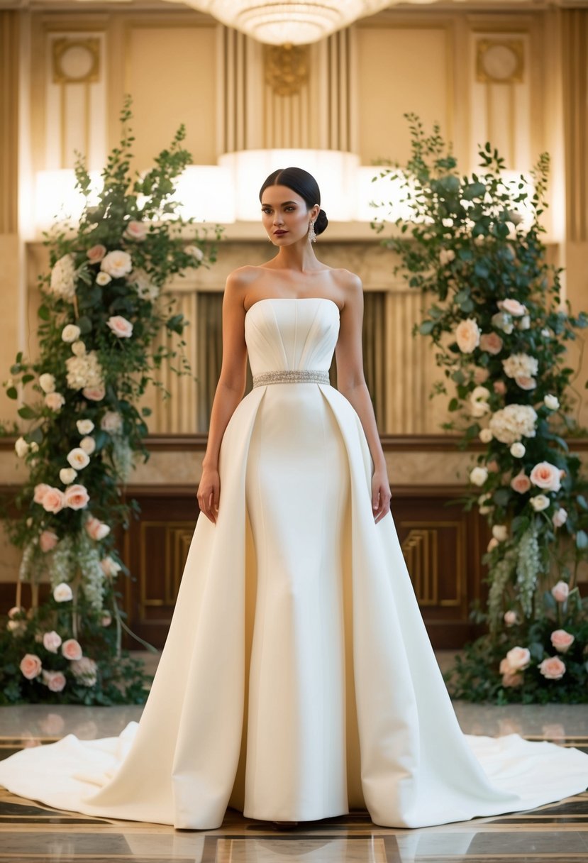 A woman in an elongated waist strapless gown, standing in a grand ballroom with art deco details, surrounded by vintage floral arrangements