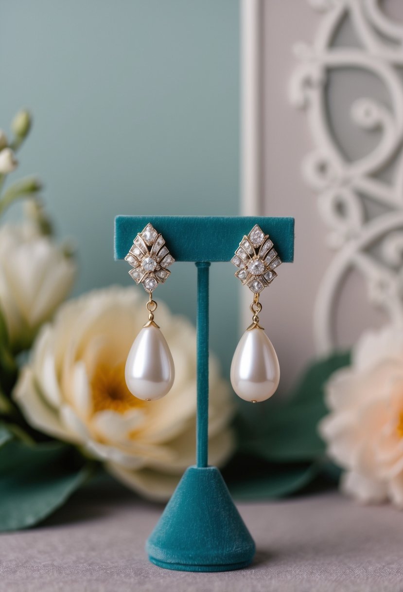 A pair of Art Deco Pearl Drop vintage wedding earrings displayed on a velvet jewelry stand against a backdrop of soft, muted colors and elegant patterns