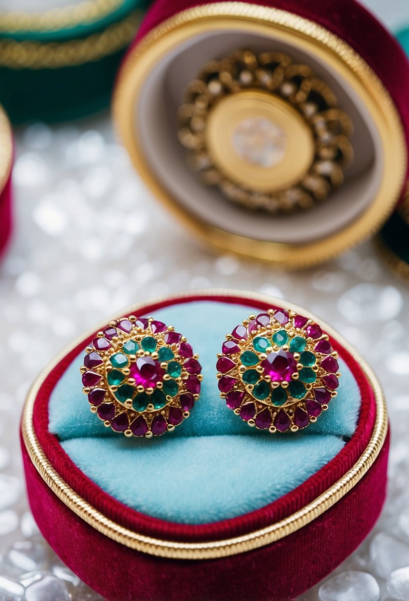 Two vibrant Polki stud earrings on a luxurious velvet jewelry box