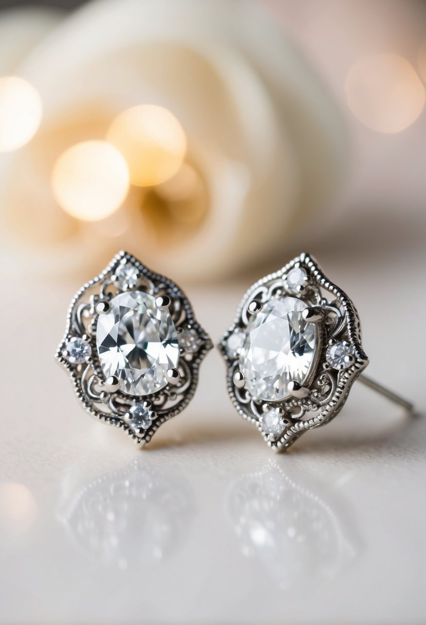 A pair of vintage wedding earrings featuring sparkling cubic zirconia stones set in intricate silver filigree, catching the light in a soft, romantic setting