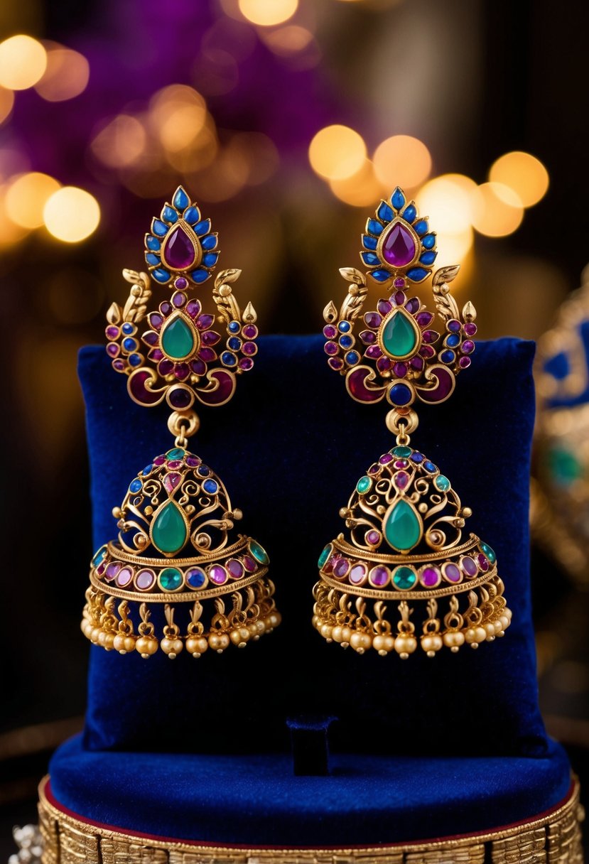 A pair of ornate temple jewelry earrings, featuring intricate designs and colorful gemstones, are displayed on a velvet cushion